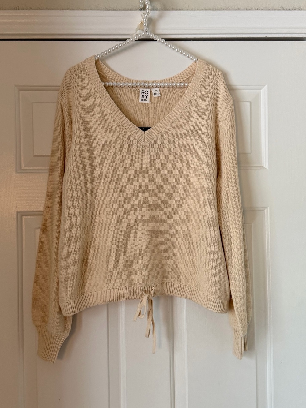 Roxy Taupe Tie Bottom V-Neck Sweater
